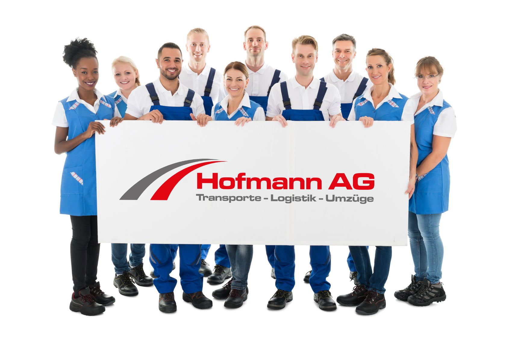 Reinigungsteam hält ein Schild mit der Aufschrift Hofmann AG hoch und führt alle Aufträge mit Abgabegarantie durch
